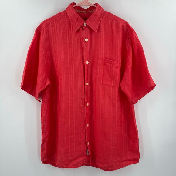 TOMMY BAHAMA Shirt Size Medium Men's 100% Linen Short Sleeve Orange/Red Stripe - Picture 11 of 11